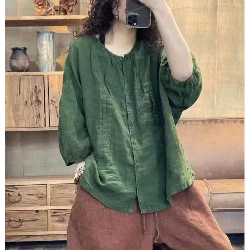 

Loose Women's Shirt Lazy Style Large Size Spring Summer New Retro Match round Neck mid Sleeve Top Commute Style Artistic