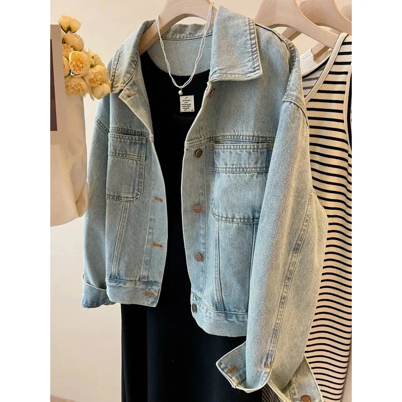 

Retro Hong Kong Style Light Blue Denim Jacket Autumn Loose Casual Short Work Jacket Versatile Top