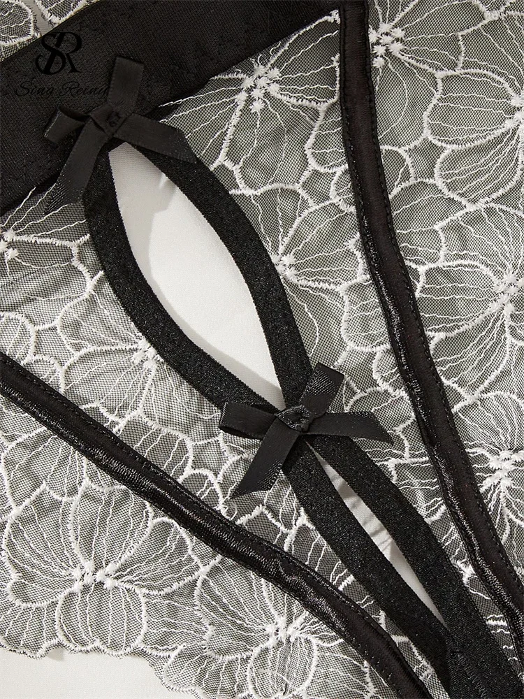 SINGREINY Amatory كاميس عارية الذراعين شير داخلية تطريز أنيق نادي سليم السروال القصير النساء ملابس داخلية شفافة مثير بلايسوت