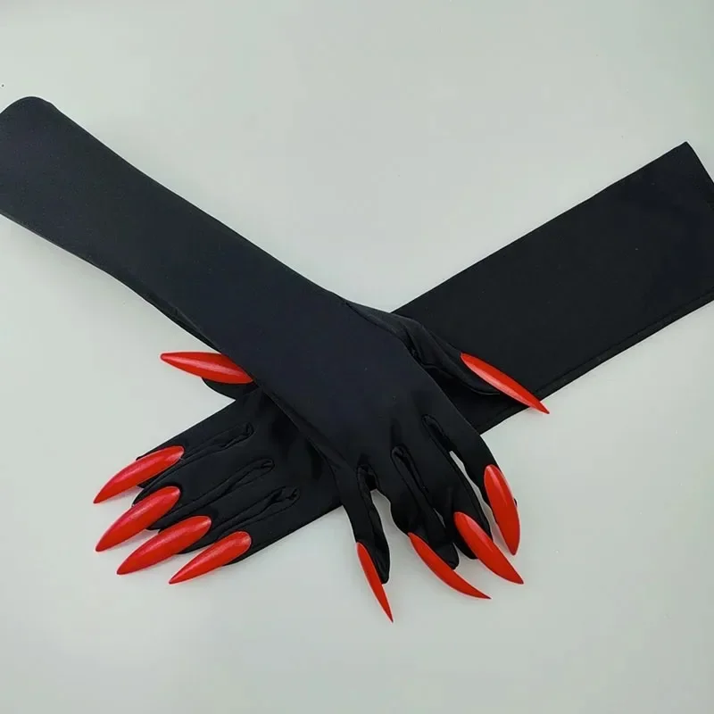 Halloween Makeup Ball Witch Red Nail Ghost Cat Demon Paw Gloves Cosplay Black Elastic Satin Stage Performance Women Long Mittens
