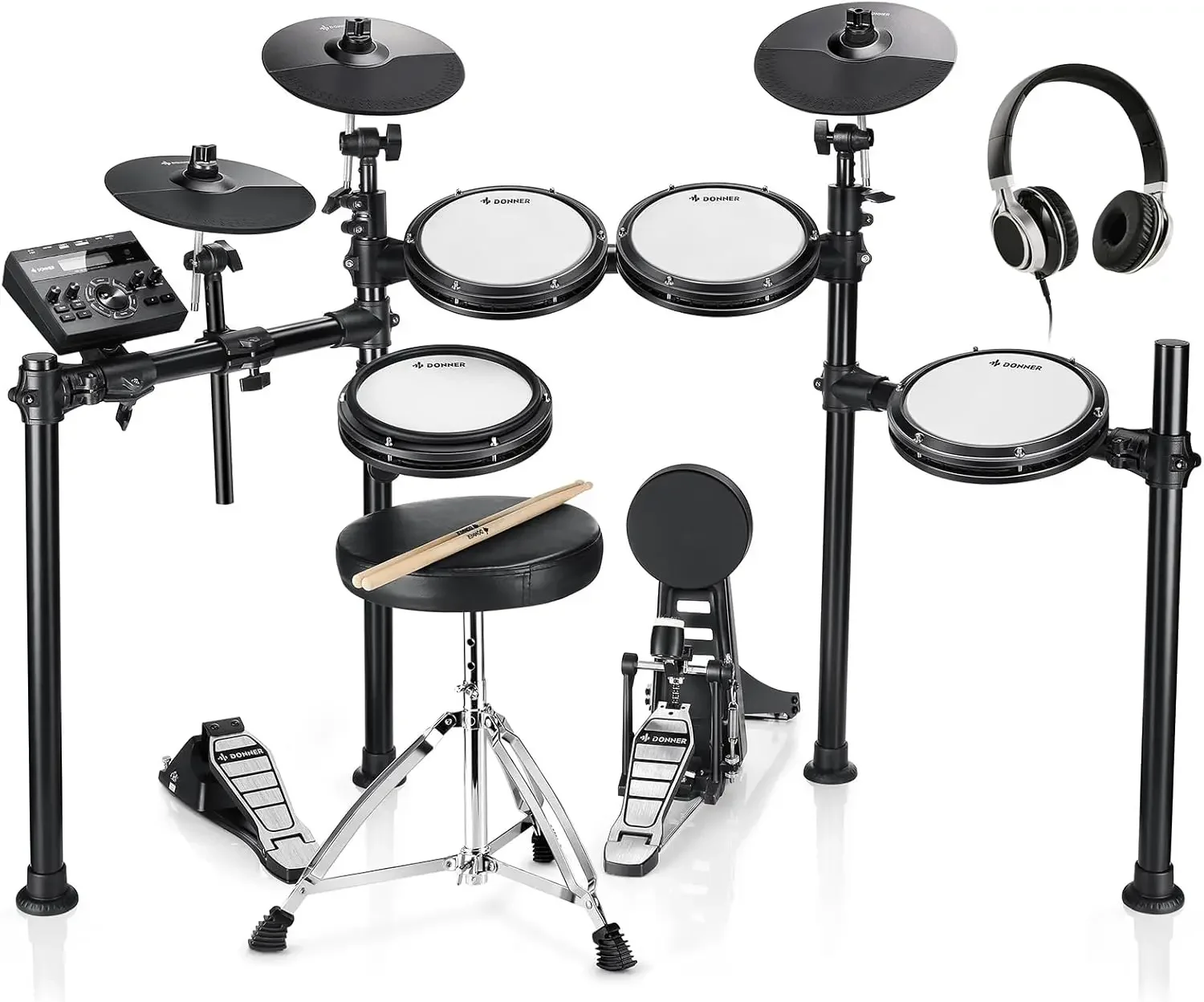 DED-200 elektrische drumsets met stille mesh-drumpads, 2 bekkens met choke, 31 sets en 450+ geluiden, troon, hoofdtelefoon, Sti