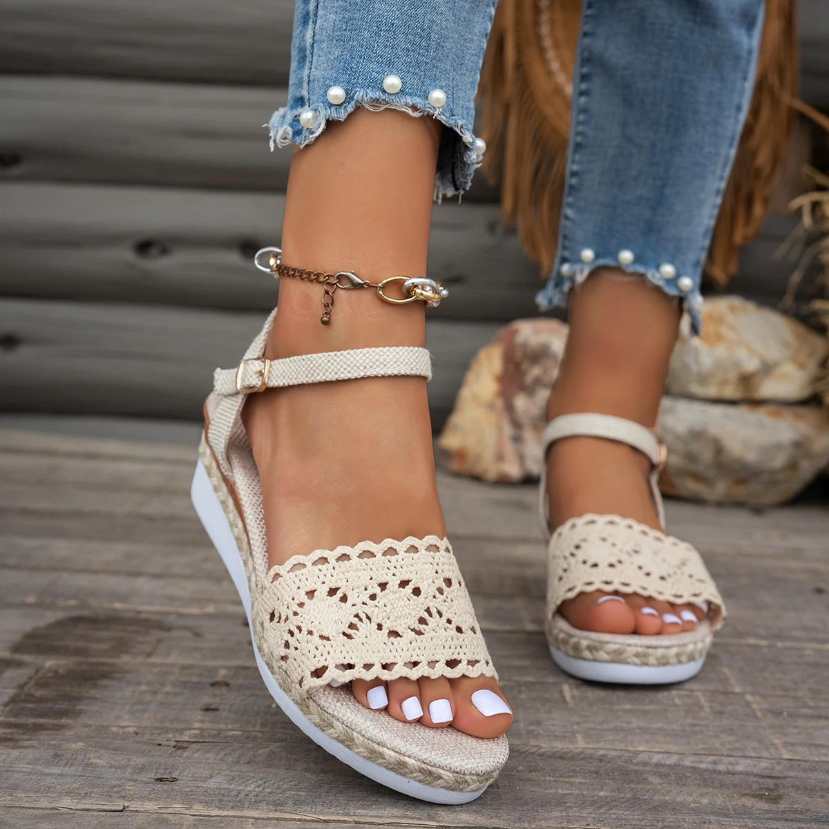 Sandalen für Damen, geflochtener Knoten, Knopf, Knöchelriemen, Keilsandalen, Leinenkeil, Sommer, eleganter Absatz, Plattform, Damenschuhe
