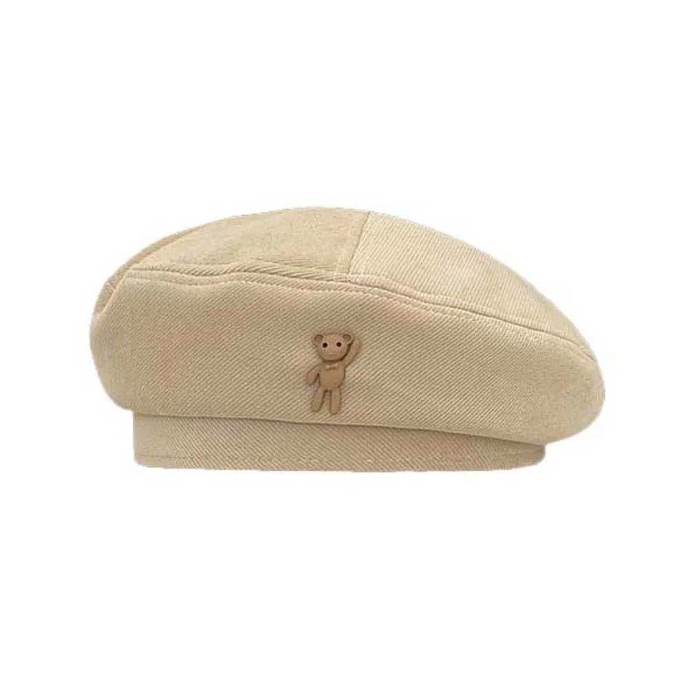 Soft Vintage Beret Hat Heart Decor Thermal Texture Cartoon Bear Cap Classic Color Exquisite Newsboy Octagonal Hat