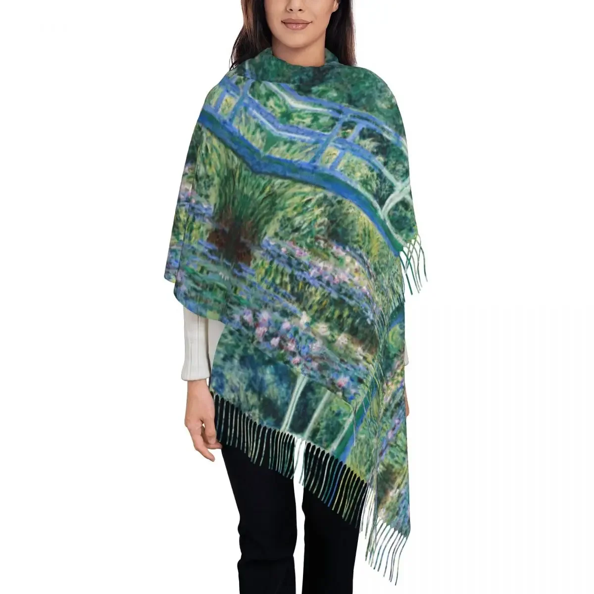 Fashion The Waterlily Pond Green Harmony Tassel Scarf Winter Fall Warm Shawls Wraps Claude  Water Lilies and Bridge Scarves