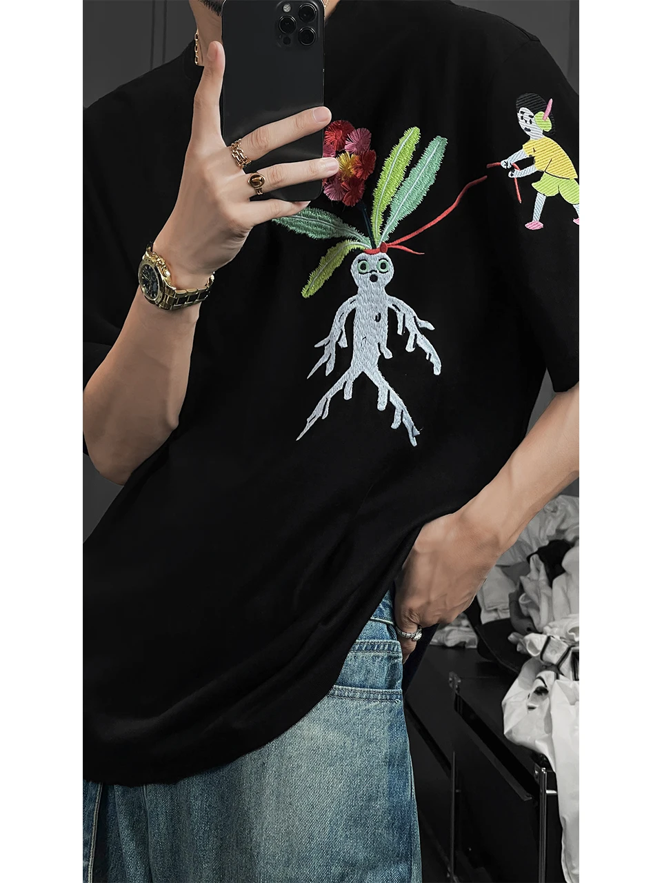 2024 Summer New Top Trendy Male Fashion T-shirts Cartoon Embroidery T-shirt Loose Versatile Round Neck Short Sleeve Male T-shirt