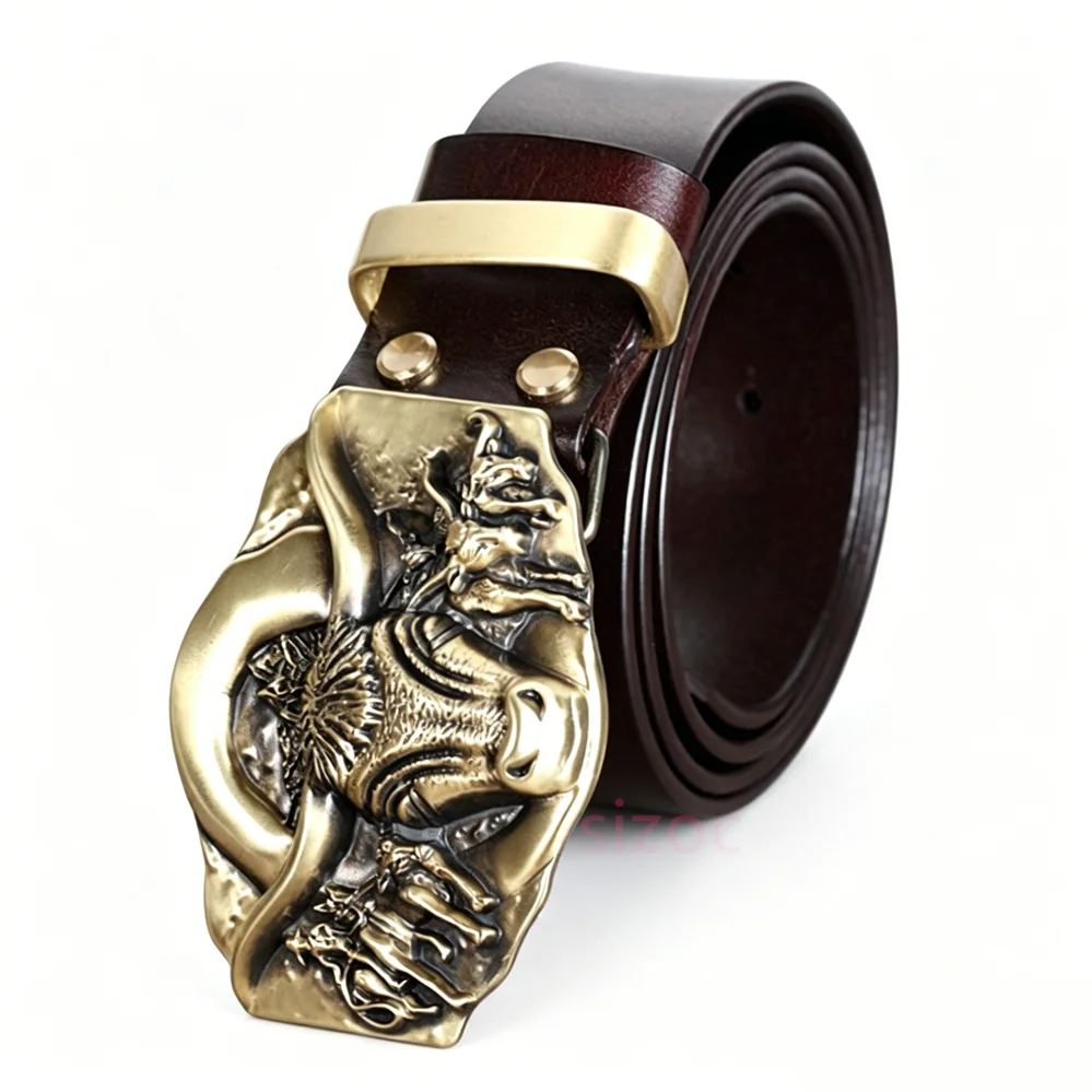 Men's Genuine Leather Belt with Solid Brass Buckle, Smooth Slide Closure  Full-Grain Cowhide Casual Strap,