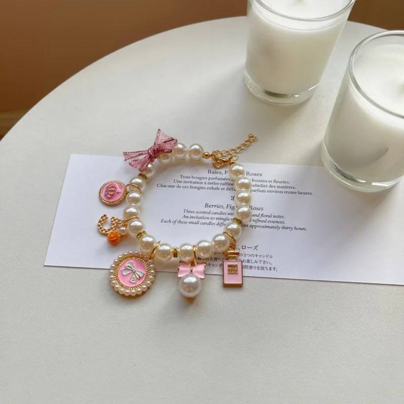 Pet Dog Collar Teddy Necklace Pearl Lace Bow Cat Neck Ornament