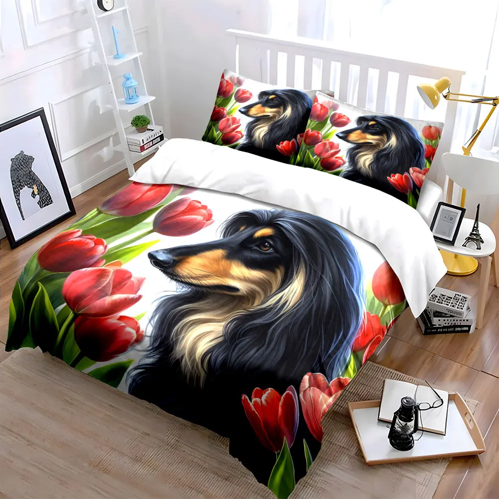 Floral Dog Art Decor Set Bedding Set with 1 Duvet Cover 2 Pillowcases Single Double King Queen, Gift