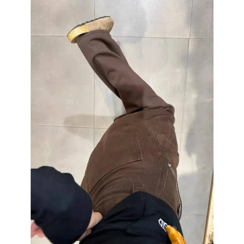 

Retro Brown Denim Wide Leg Pants Women's Loose Slimming Winter Lined Jeans High Waist American Daily Wear