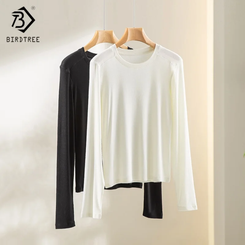 

Birdtree, футболка из смешанного кашемира, женская трикотажная мягкая рубашка с круглым вырезом, полный рукав, облегающий тело, осенне-зимний пуловер T5N722JF