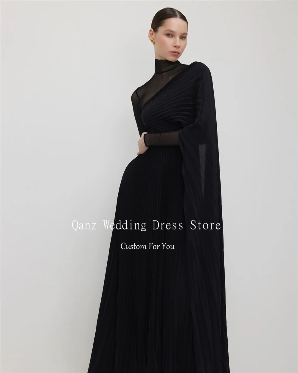 Qanz Modern Black Chiffon Evening Party Dresses Pleats Special Occasion Prom Gowns Trendy Formal Event Dress Sheer Vestidos