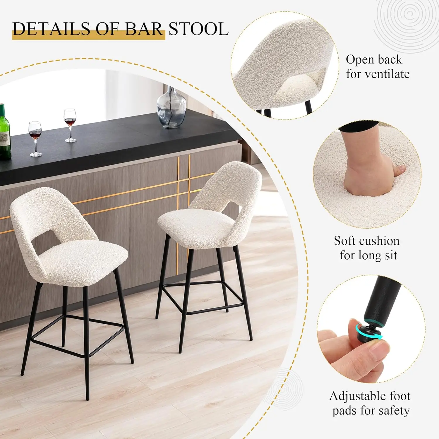 27’’ Boucle Bar Stools Set of 2, Upholstered Counter Height Stools with Open Back, Modern Barstools for Kitchen Island, Home Pub