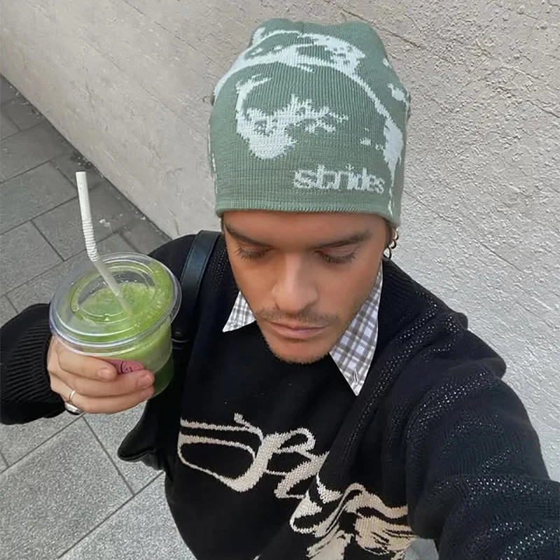 Men Beanie Wool Caps Fashion Wnter Knit Vintage Y2k Hats Strides Splatter Beanie Korean Streetwear Aesthetic Unisex Accessories