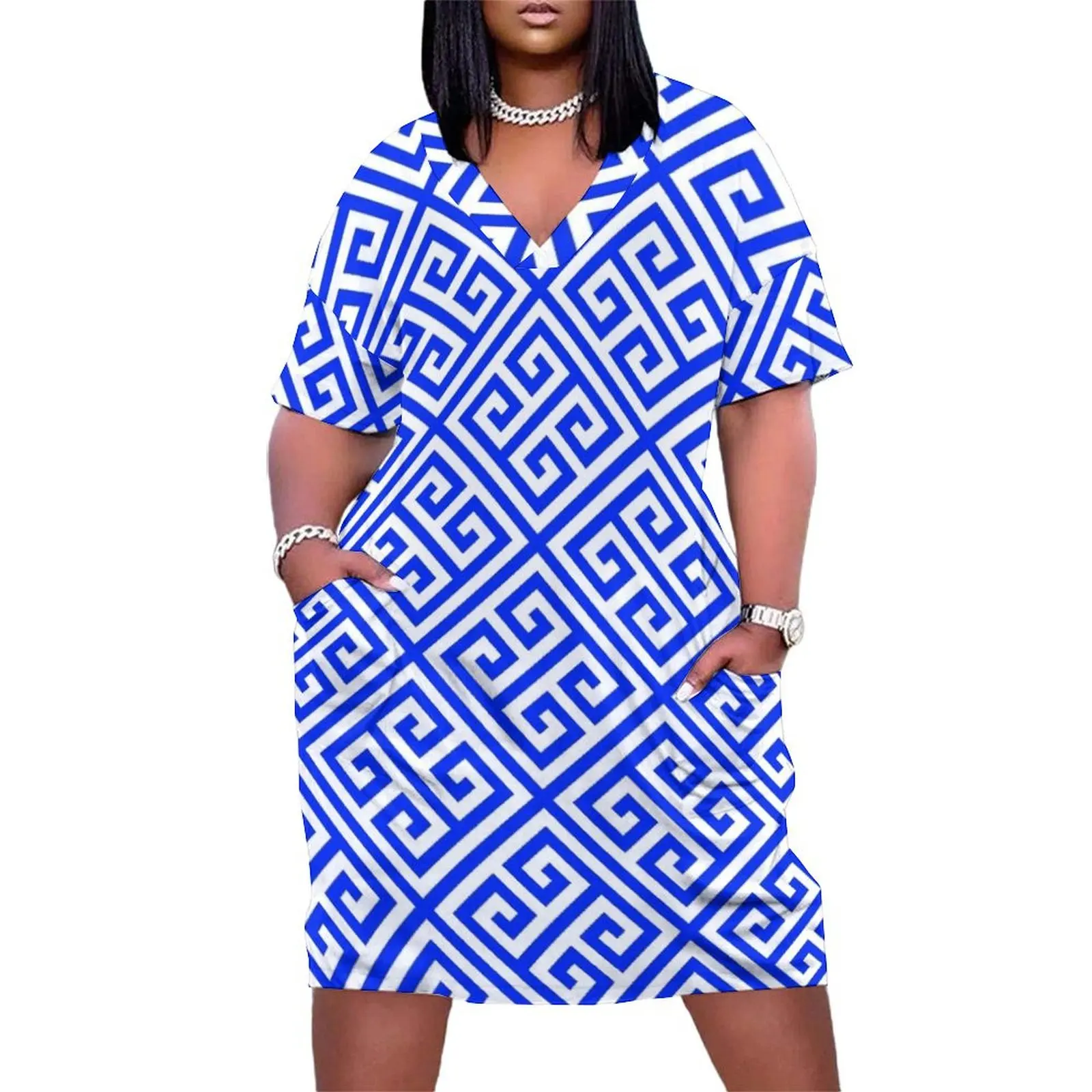 

blue white pattern, Greek Key pattern - Greek fret design Loose Pocket Dress Women"s skirt Clothing