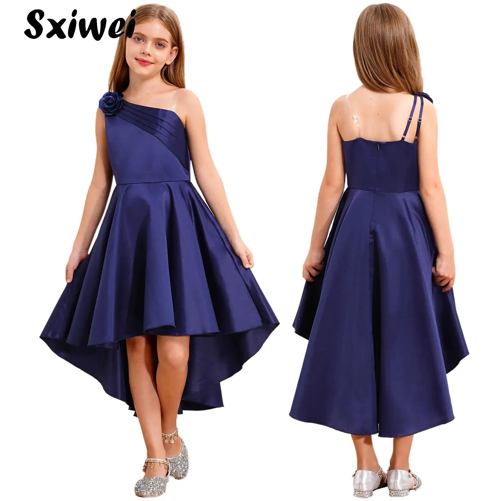 

One Shoulder Satin Dress for Kids Flower Girl Princess Formal Party Pageant Wedding Cocktail Carnival Clothes Banquet Gown