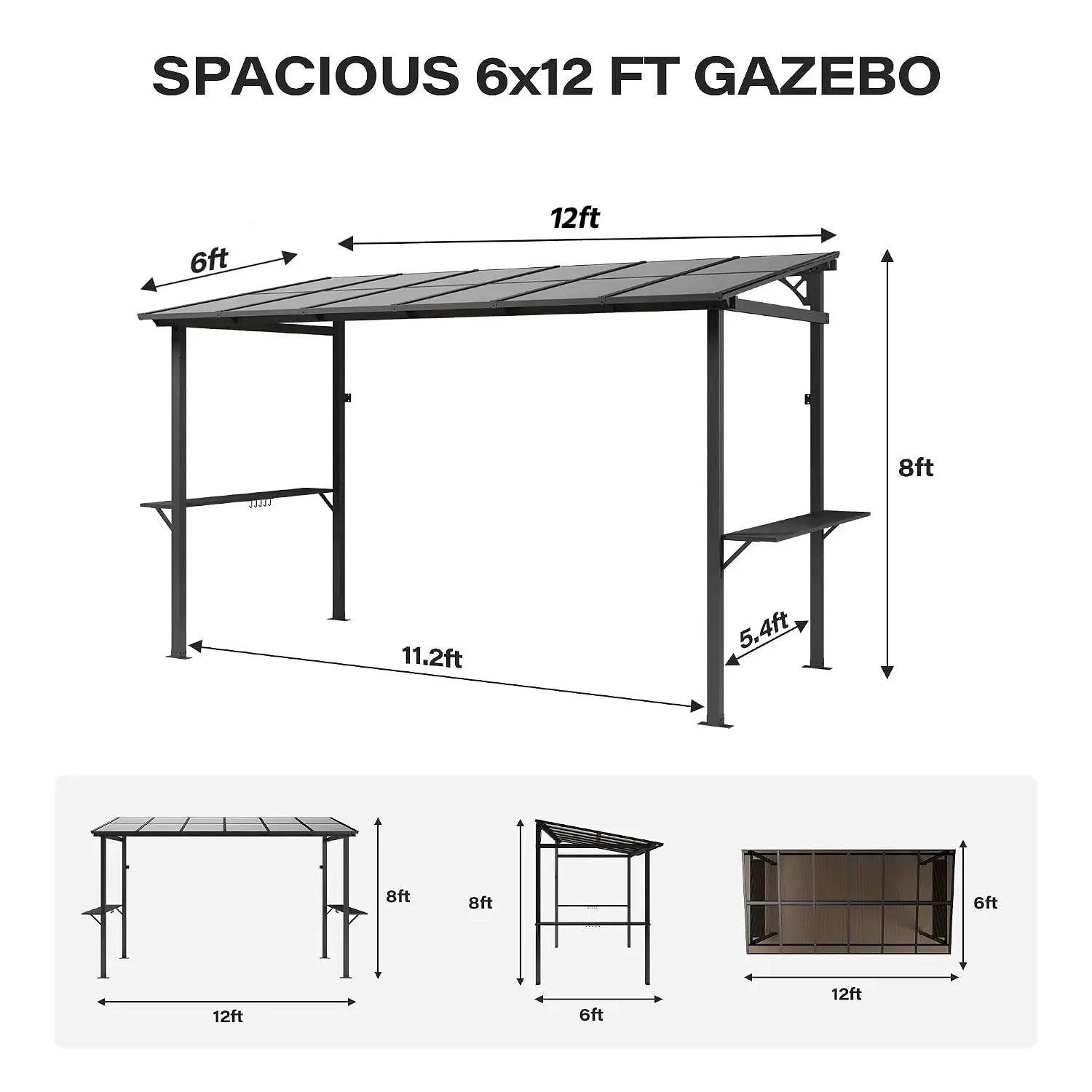 12x6 ft Hardtop Grill Gazebo, Outdoor Sloping PC Roof BBQ Patio Metal Gazebo with Shelves and Hooks, Heavy Duty, Customized