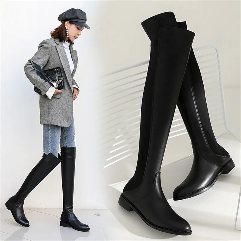 

Новые осенне-зимние женские ботинки из спилка, женские сапоги с круглым носком, модные сапоги до колена, обувь на среднем каблуке, черная ручная работа