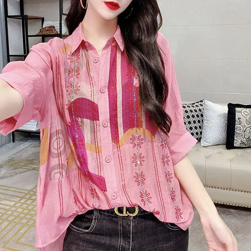 Streetwear Loose Stylish Single-breasted Blouse Summer Casual Printed Female Clothing Polo-Neck Short Sleeve Chic Diamonds Shirt