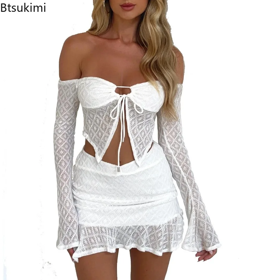 New Women's Sexy 2-Piece Sets Off-Shoulder Long Sleeve Wrap Chest Tie-Up Irregular Short Dress for Fashion Party Club Streetwear - view 5