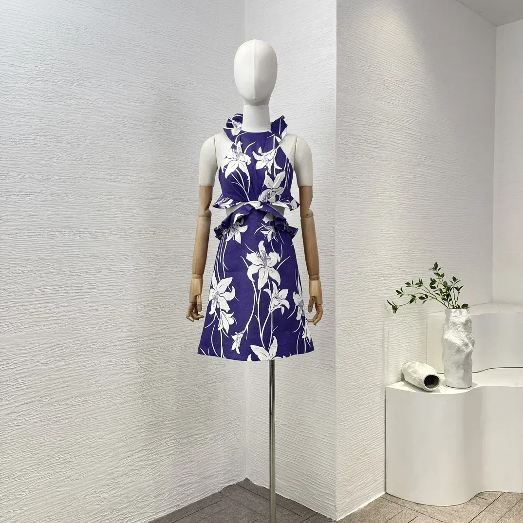 

New Design 2024 Women Violet Purple Lily Flower Print High Quality Cotton Sleeveless Cut Out Ruffles Summer Halter Mini Dress