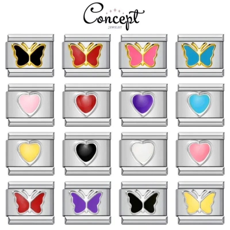 

CONCEPT 2024 New Golden Edged Butterfly Colorful Heart Charm Italian Modular Links Fit 9mm Bracelet Making Women DIY Jewelry