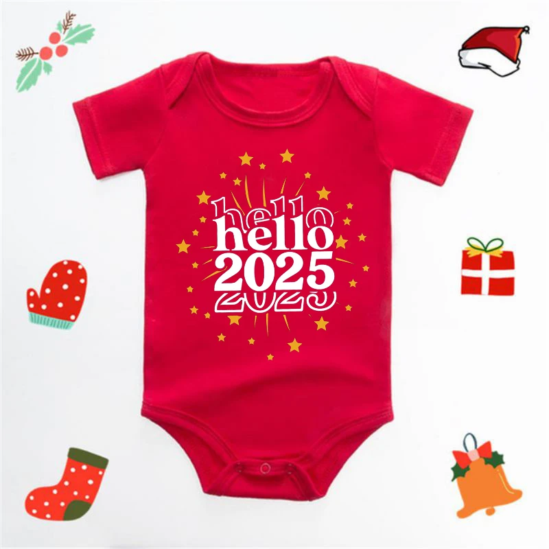 Hello 2025 Newborn Baby Bodysuit Casual Short Sleeve Infant Rompers Body Baby Boys Girls New Year Ropa Clothes Christmas Gift