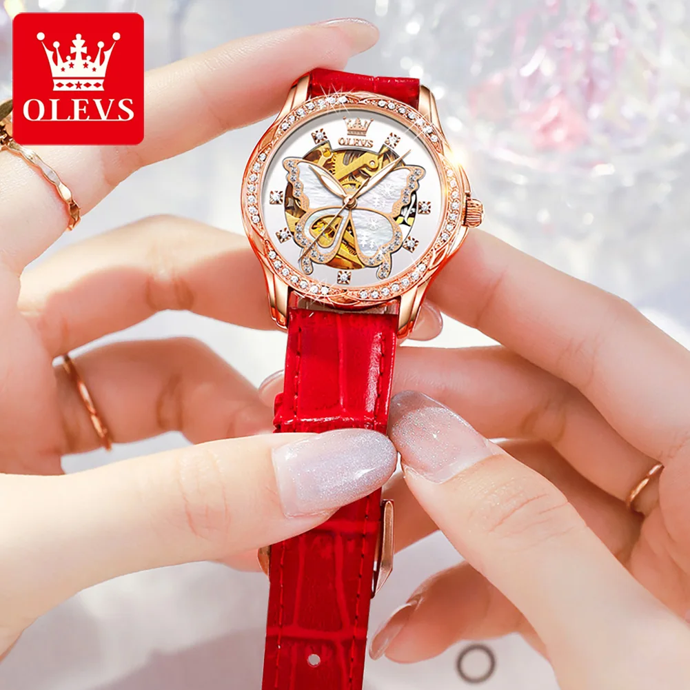 OLEVS Top Brand Mechanical Women Watch Fashion Switzerland Luxury Brand Ladies Wrist Watch Automatic Leather Strap Gift