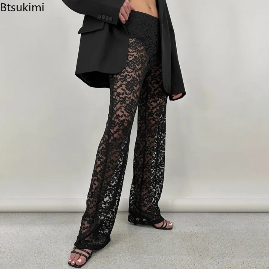 

Women's Pants Lace Sexy Sheer Thin Mesh Transparent Straight Pants Fashion Jacquard Nightclub Streetwear Tight Black White Pants