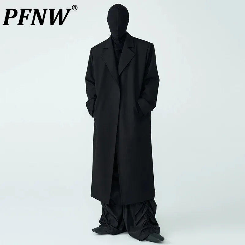 PFNW Wool Buttonless Loose Padded Shoulder Mid Length Spliced Black Overcoat For Men Niche Deisgn Black High-end Windbreakers