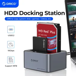 ORICO 알루미늄 듀얼 베이 하드 드라이브 스테이션, 오프라인 클론, 2.5, 3.5 인치 HDD 케이스, 10Gbps, C 타입, 더 강한 방열