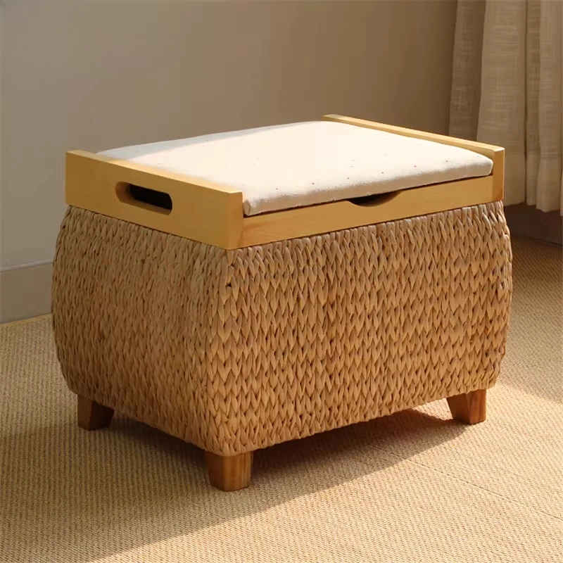 Rattan Storage Stool Ottoman Bench with Seat for Living Room Bedroom Organizer
