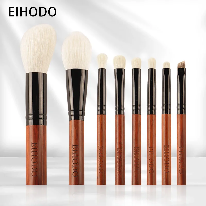 EIHODO Makeup Brush-Luxury Red sandalwood Natural Hair Portable Short Handle 8Pcs Brushes set-Foundation Eyeshadow Powder