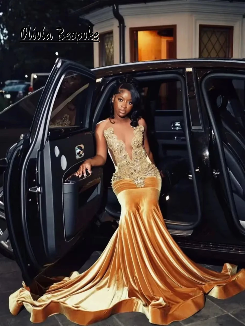 

Fabulous Gold Crystal Beading Mermaid Prom Dresses Luxury Black Girls Evening Gown Formal Occasion Dress Customized