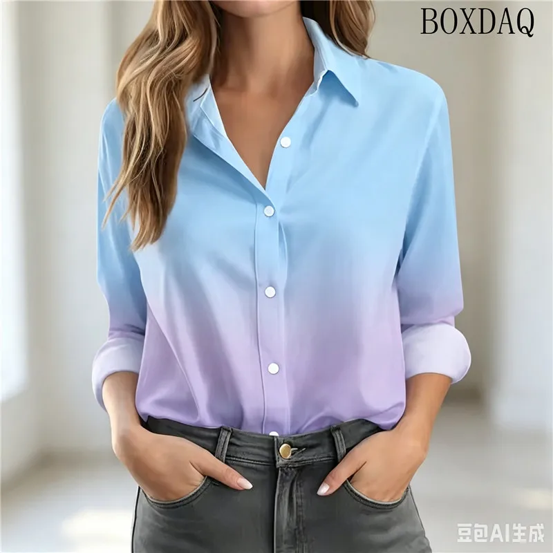 Autumn women's Casual Blouse Long Sleeved Lapel Button Gradient Print Loose Daily Office Shirts