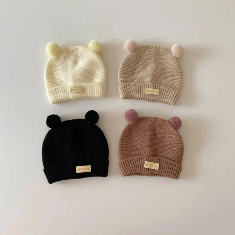 

Korean Baby Knitted Hat Cute Winter Warm Double Ball Newborn Beanie 2-15Month Boys Girls Infant Solid Color Woolen Skullies Cap