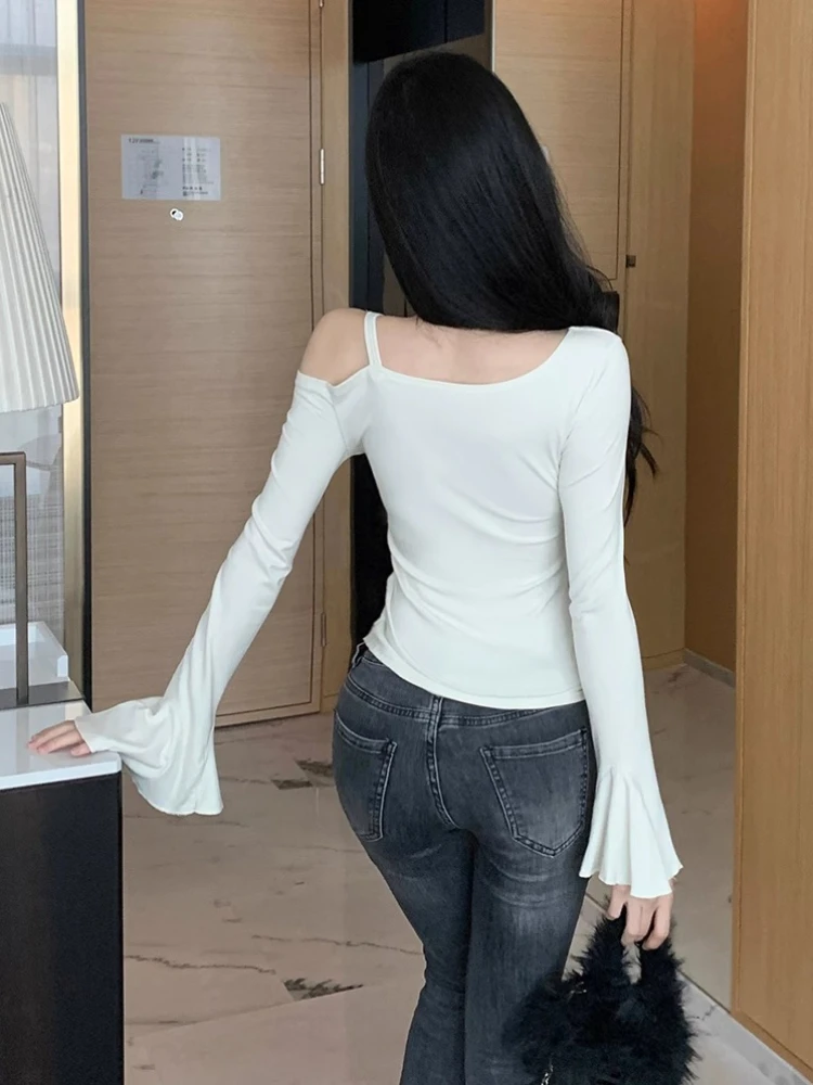 T-shirts Slim Autumn Off Shoulder Fashion Casual All-match Comfortable Sexy European Style Simple Solid Apricot Lace-up Students