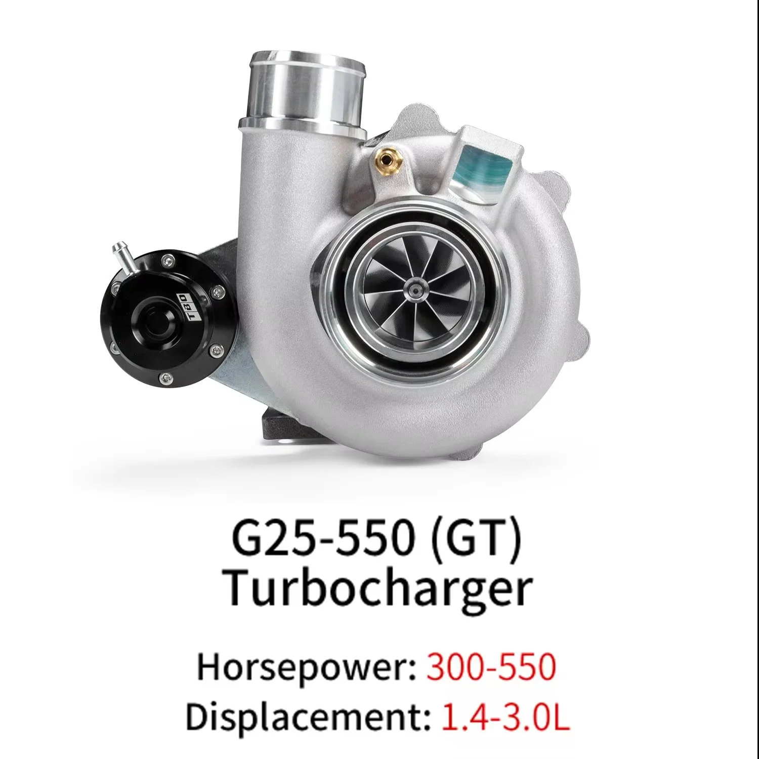 

G25-550(GT)100-GT288G-33 100-GT288G-34,1.4-3.0L,T25 A/R 0.49 0.64,76mm V-Band clamp Dual Ceramic Ball Bearing Turbocharger