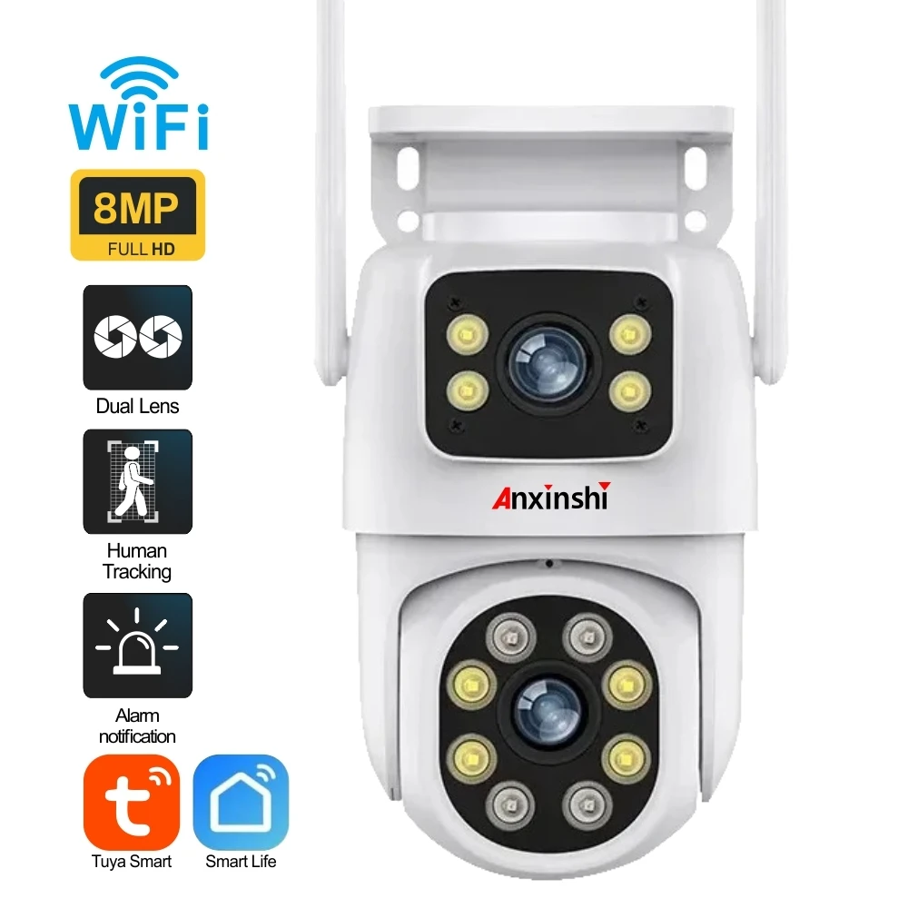 Anxinshi 4K 8MP Wifi Camera PTZ Outdoor Dual Screens Human Detection Dual Lenses 4MP Security Protection IP Camera Audio iCSee