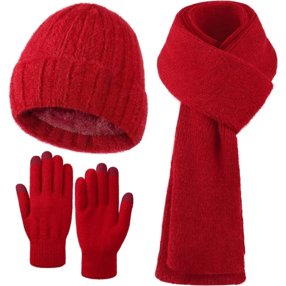 الشتاء قبعة قبعة وشاح قفازات، الدافئة الصوف متماسكة قبعة وشاح طويل الرقبة أدفأ شاشة تعمل باللمس قفازات الشتاء مجموعة هدايا للنساء