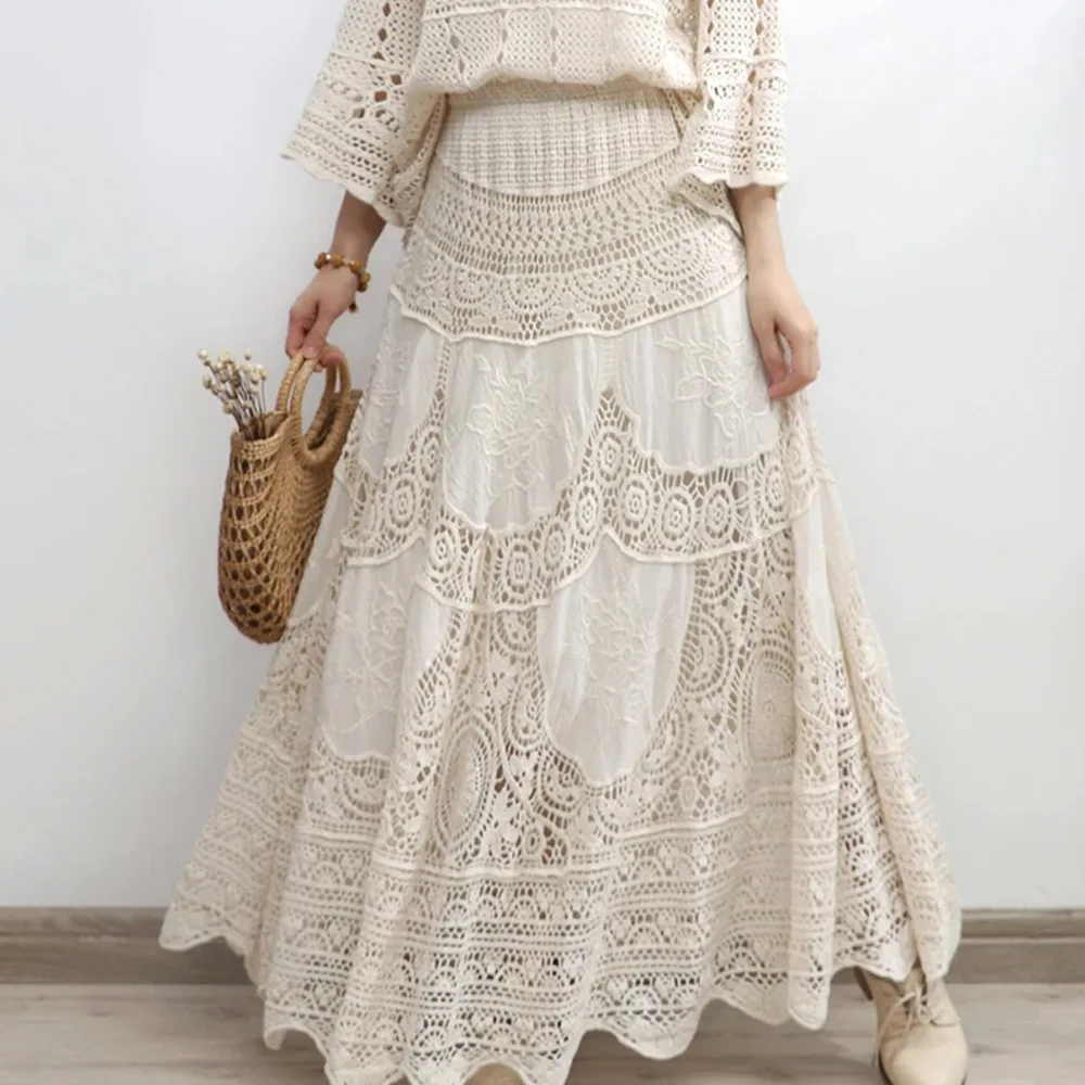 

2025 Bohemian Style Sweet Crochet Hollow Cotton Embroidered Skirt Spring And Autumn Vacation Big Swing Skirt A-line Skirt