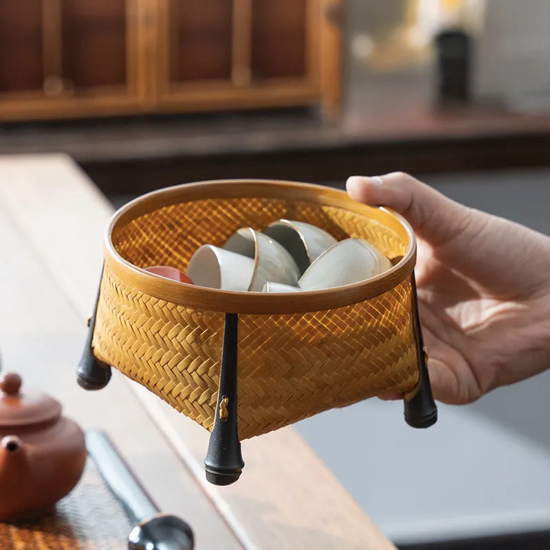 Premium Handmade Bamboo Woven Baskets Retro Tea Set Storage Fruit Dried Snacks Trays Rustic Kitchen Sundries Organizer Home Deco