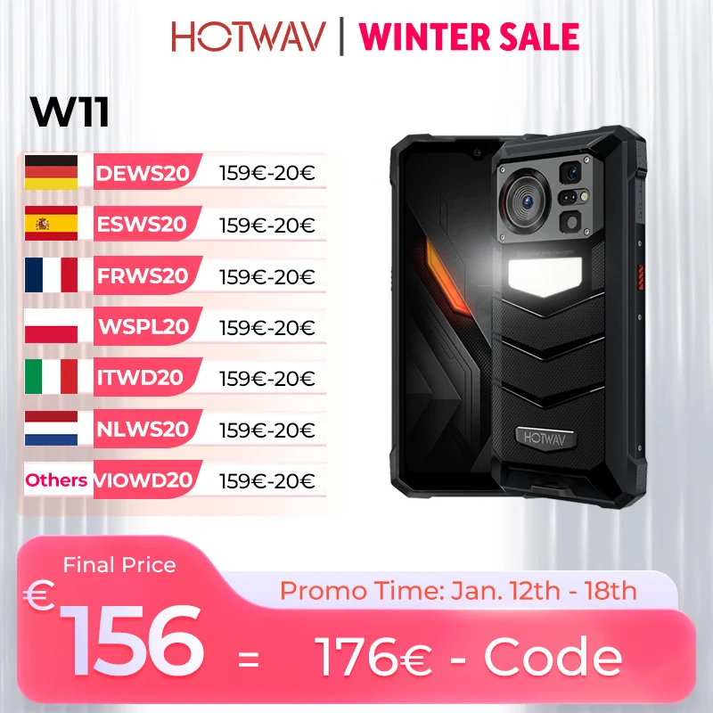 HOTWAV W11 Smartphone robusto 280LM Torcia elettrica 20800mAh 33W 6.6 ''FHD + 64MP Posteriore 24MP Visione notturna 12(6+6)GB 256GB Telefono cellulare