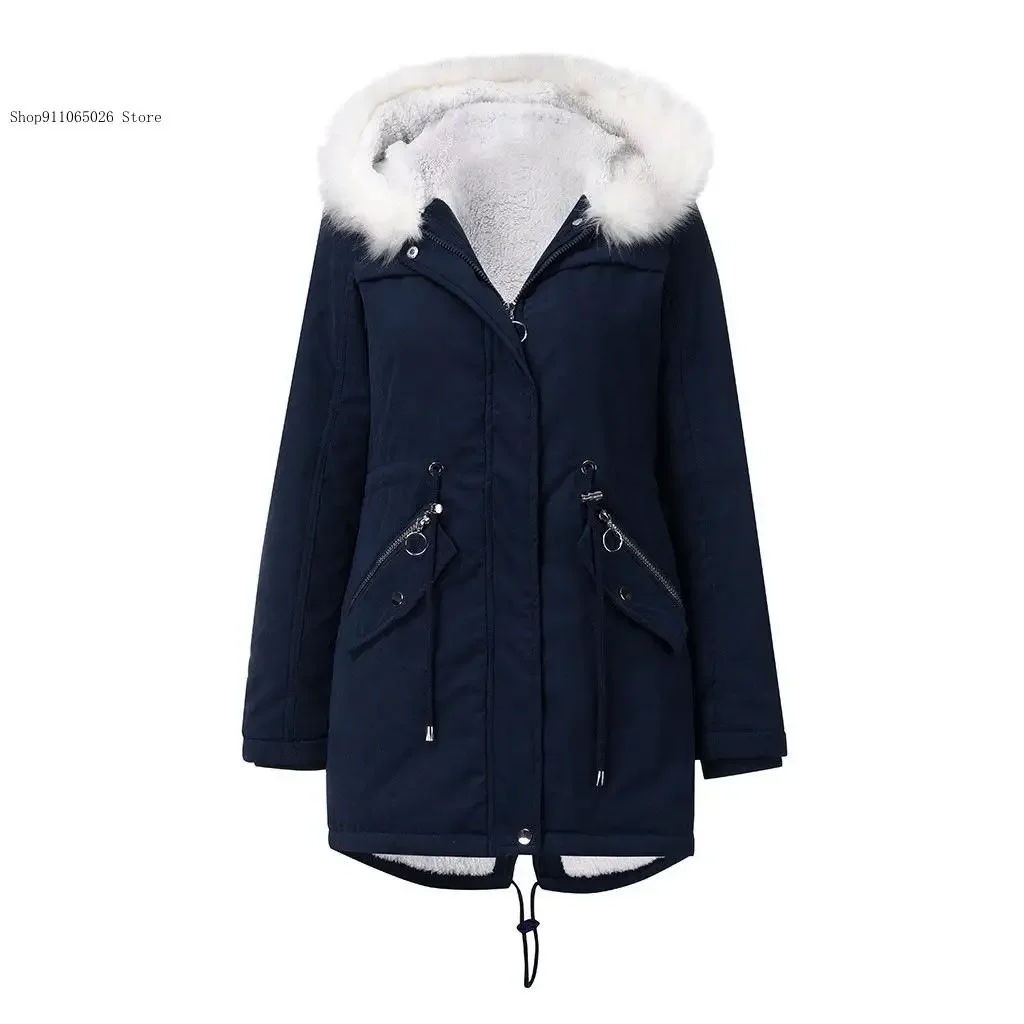 European Size Spring and Autumn Winter White Fur Collar Medium Long Hooded Warm Cotton Jacket for Women