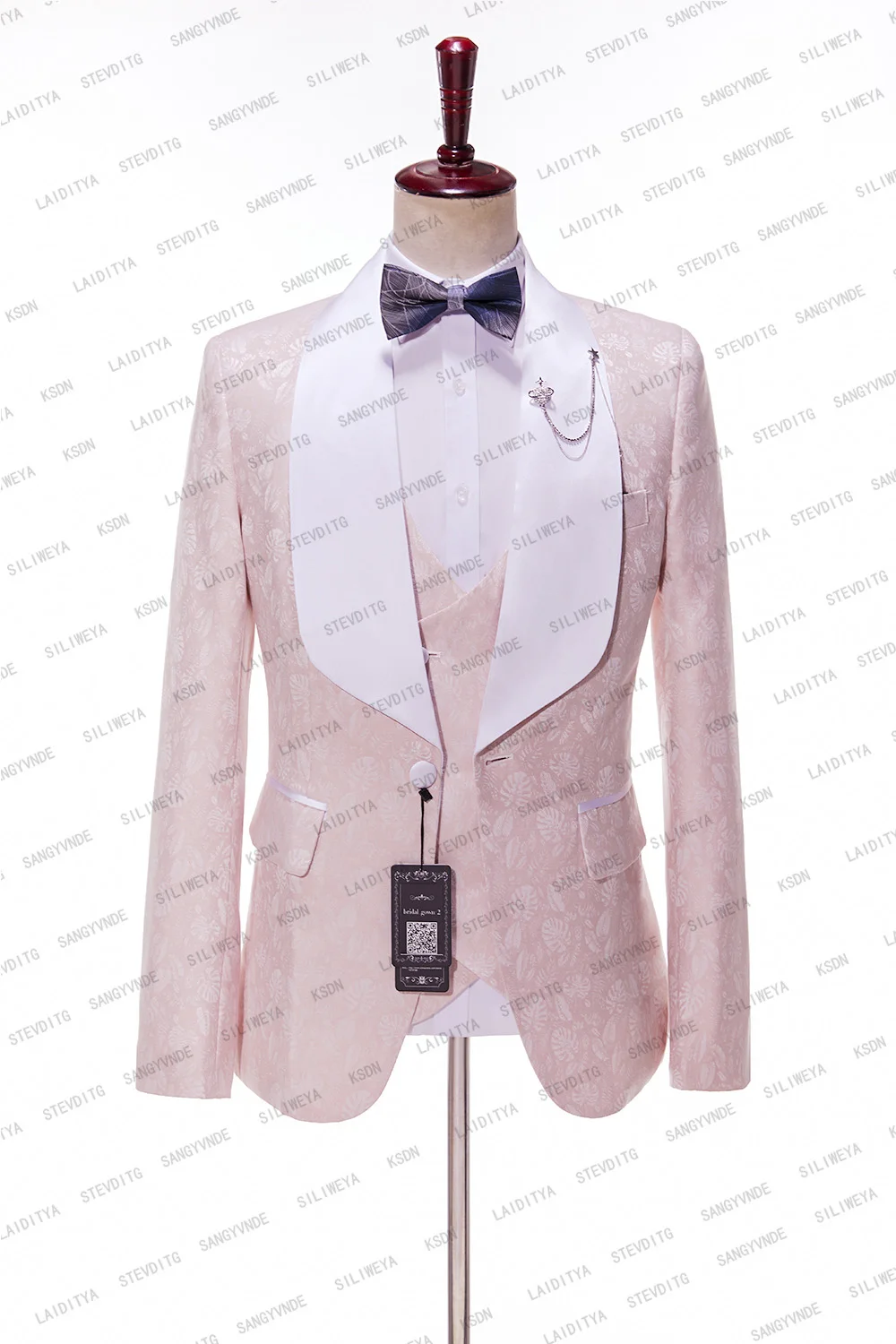 2023 Classic Design With White Satin Lapel Costume Homme Party Wedding Suits Pink Jacquard Terno Masculino Slim Fit Groom Tuxedo