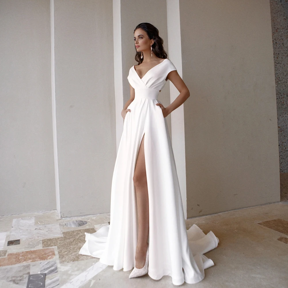 

Customized White Wedding Dresses with Satin 2025 Strapless Side Slit Bridal Gowns for Women New Summer Vestido De Novia Pocket
