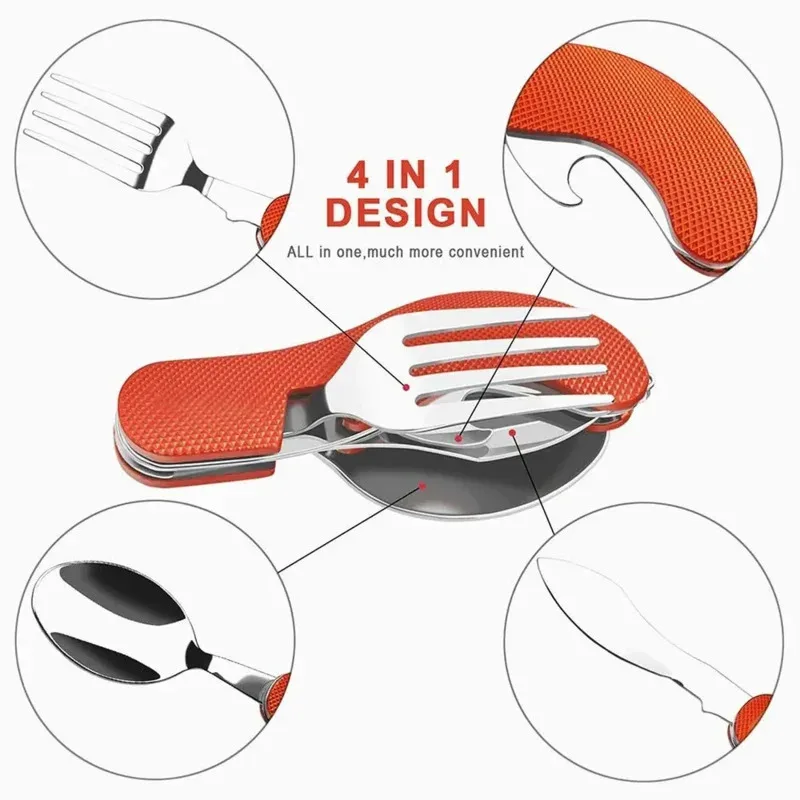 Stainless Steel Cutlery 4 In 1 Outdoor Picnic Tableware Foldable Knife Fork Spoon Bottle Opener Folding Pocket Cutlery Set image 5