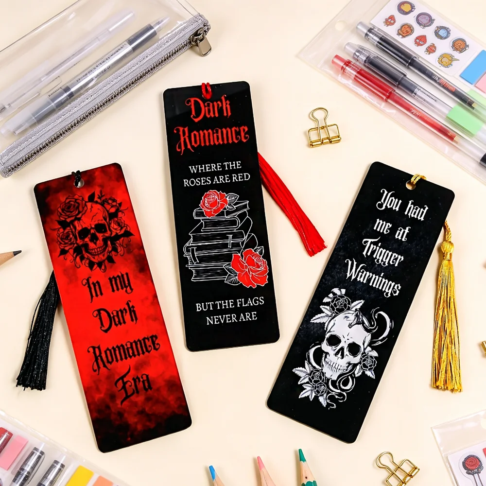 Gothic Acrylic Bookmarks with Tassels, Dark Romance Rose Skull Book Markers, Vintage Reading Accessories Gifts for Book Lovers