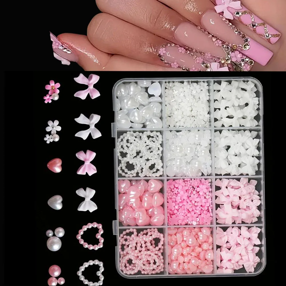 

12grid/Box 3D Resin Bowknot Love Heart Nail Charms Mixed Pink White Bowtie Pearl Flowers Nail Art Decorations DIY Nail Supplies