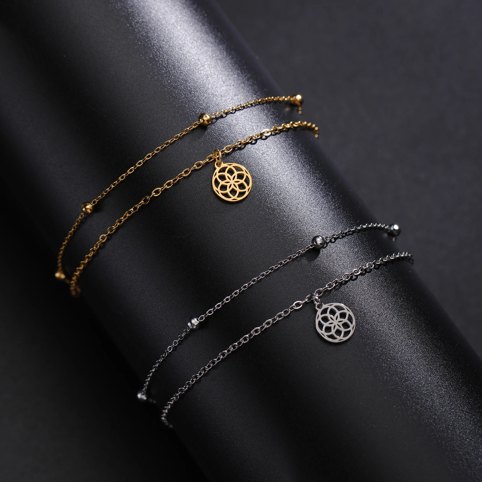 Pulseira Flower of Life Cazador para mulheres, aço inoxidável, jóias estéticas, corrente dupla, presente na mão, atacado, 2024