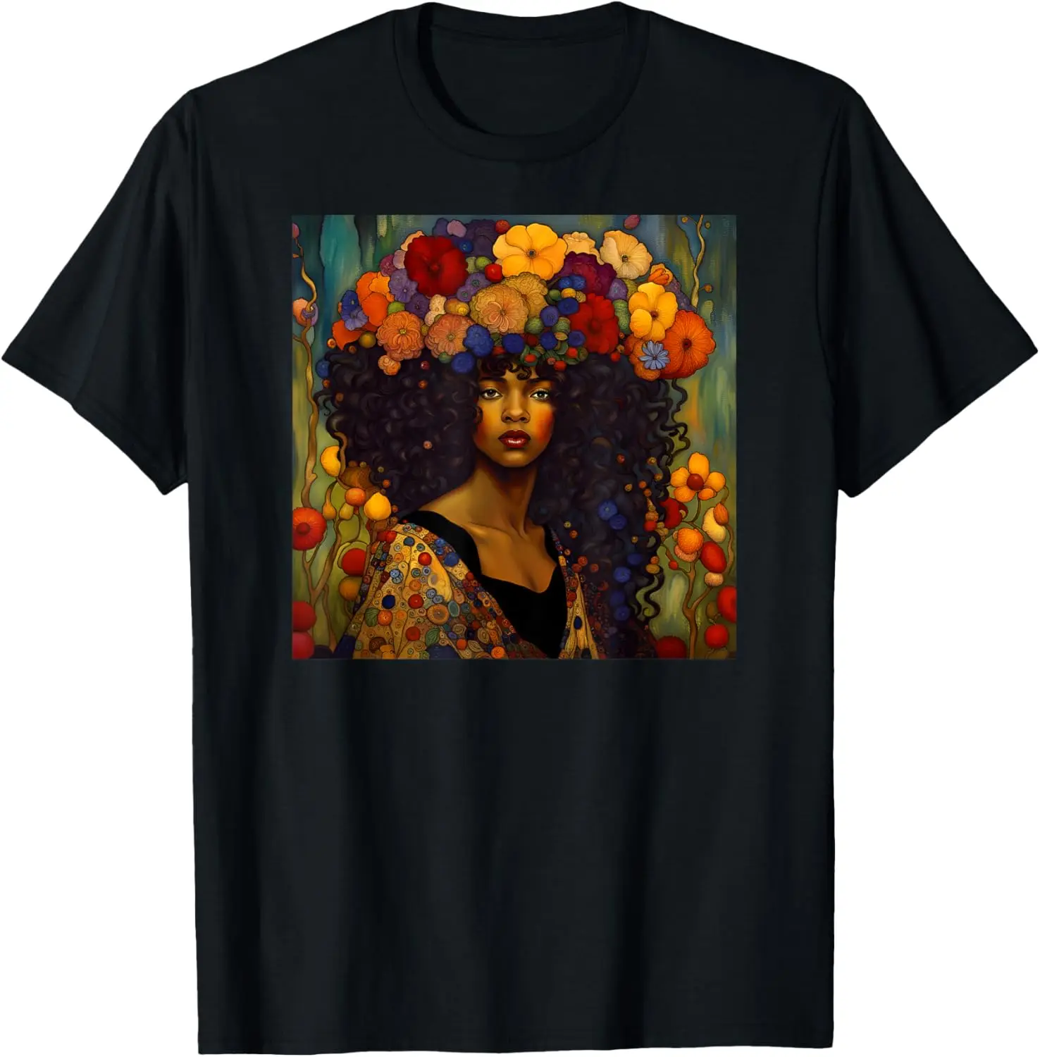 

Beautiful Black Art Nouveau Woman surrounded by flowers T-Shirt Men's and women's T-shirts